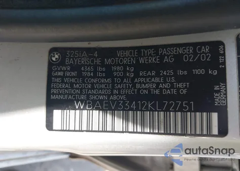 2002 BMW 325I from USA, damaged, VIN WBAEV33412KL72751